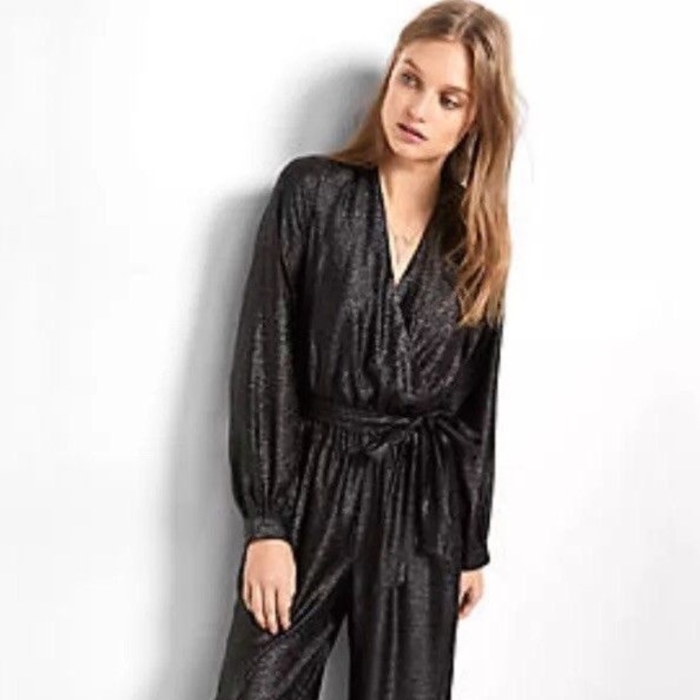BLACK METALLIC WIDE LEG SURPLICE JUMPSUIT XS